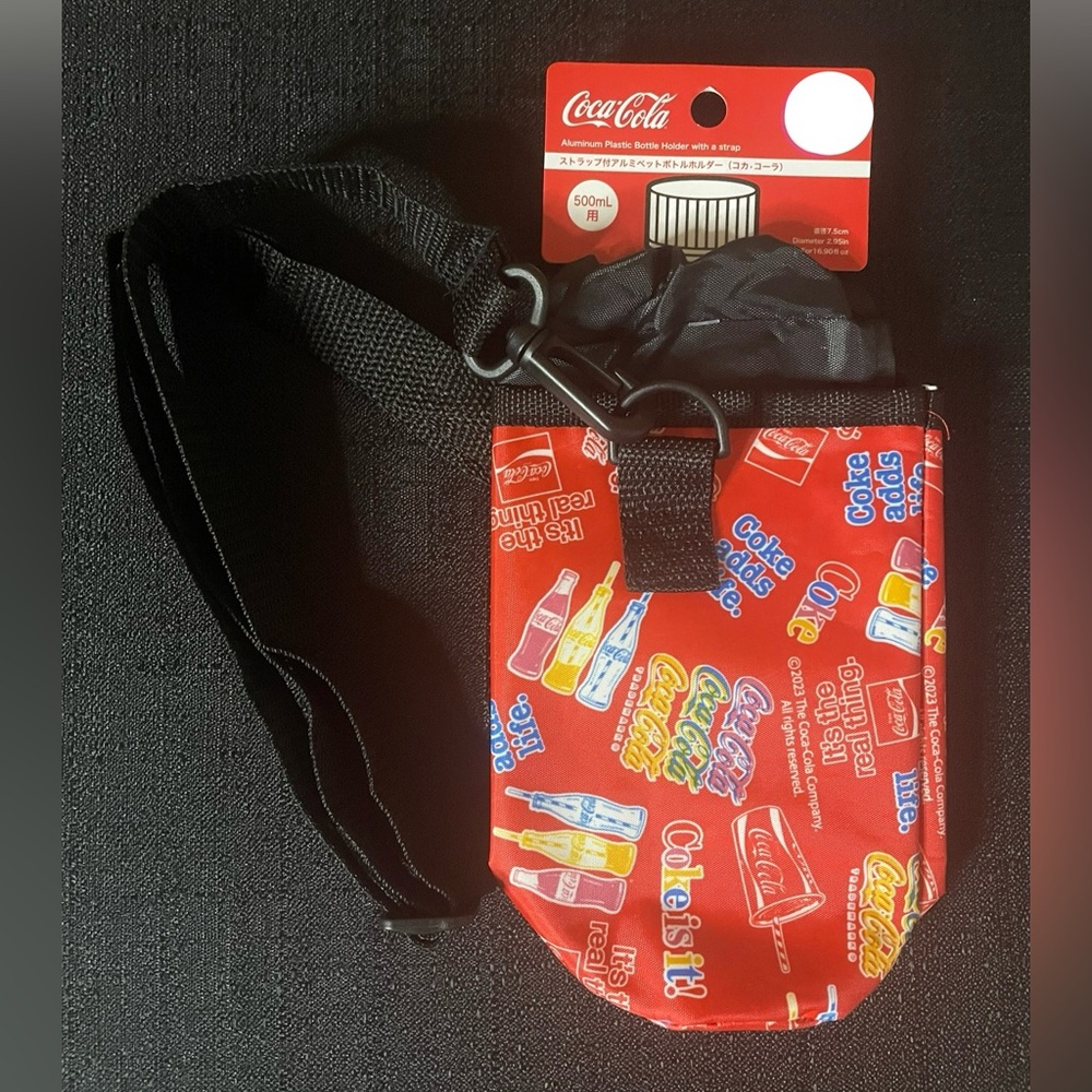 Coca-Cola Bottle Holder w/Adjustable Strap Red Black Coke Logo & Phrases NEW NWT